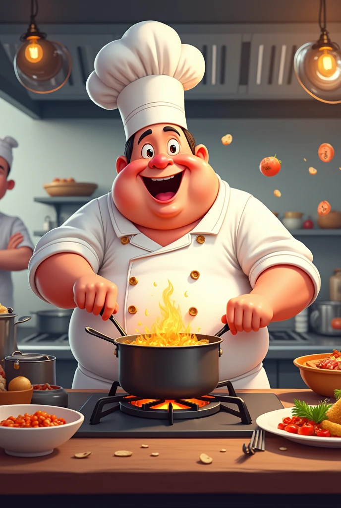 Create a picture of cartoon Chef was cooking the food in the restaurant kitchen
