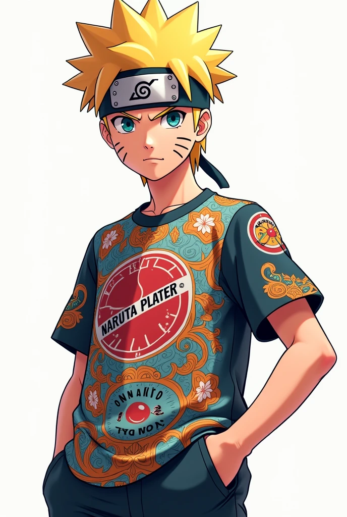 Narruto wearing a Rivera Plater t-shirt on a white background 
