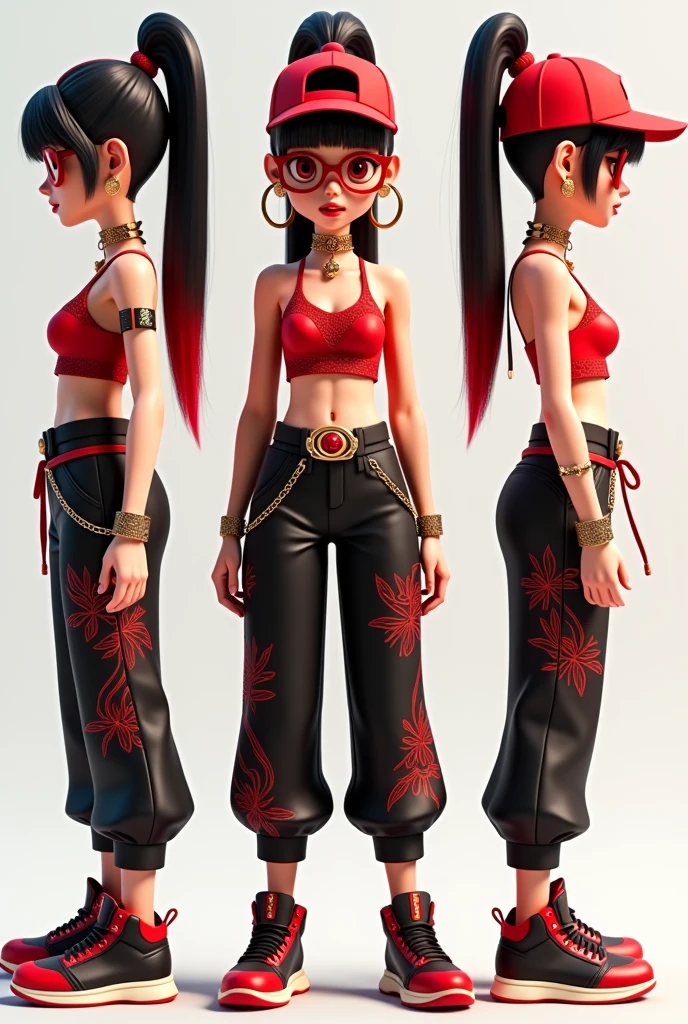 Rayferrez:
•Contemporary and striking 3D animated character design.
•Slightly plump figure with long black hair reaching the waist. The last 4 inches of hair are red, giving a sense of weight and shine. The hair is tied into a ponytail adorned with a red spider lily crystal.
•Large red eyes exuding an air of mystery and allure. Wearing red-rimmed glasses.
•Wearing a red crop top with intricate designs, revealing the waist.
•Wearing loose-fitting black pants with red patterns of red spider lilies.
•Wearing high-top black and red sneakers that complement the overall look.
•Wearing a red baseball cap worn backwards, adding a cool and trendy vibe.
•Adorned with red hoop earrings, a gold choker necklace, and other gold accessories.
•Features a red and gold belt with chain details, adding luxury to the outfit.
•The dress style blends modern streetwear fashion with elements of Thai fabric.
•The image showcases multiple perspectives of the character, including full-body shots, close-up facial shots, and dynamic poses.
Both characters have distinctive and unique designs. Despite their contrasting styles, they seem to share an emotional connection and relationship, reflecting the multi-dimensional and intriguing character design.
•Has a tattoo on the left waist, a name. "Rayferrez"
The tattoo's lettering is delicate yet bold at the same time.
The tattoo is red, matching the main color tone of the attire.
This tattoo may symbolize Rayferrez's pride in their identity and unique individuality.
• Is a Thai language teacher interested in rap who happened to find Boofacusz while he was live streaming.
• Has a great admiration and fondness for BooFacusz, which may indicate a special relationship or inspiration between the two.
• Shortened name is Rfr