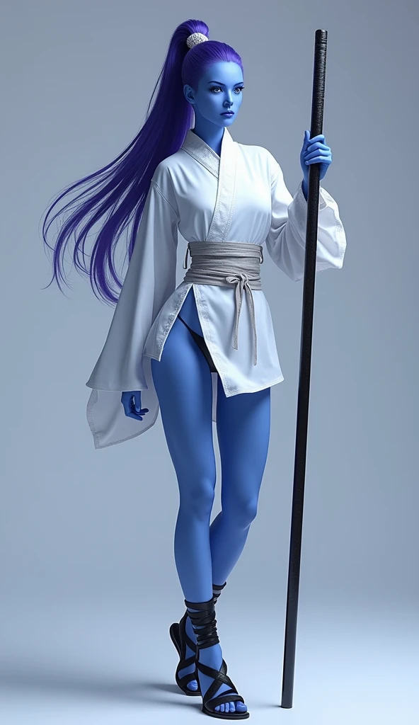 Super realistic, High Detail Face, Clean and delicate face, wide shot, 1 lady, whole body, Holding Long stick with both hands Anatomically correctly, Purple ponytail, parted bangs, blue skin, wearing a white mini Kung Fu costume, Thighs, Leather bandages wrapped around the shins, Black Sandals, glaring at the viewer, simple color background