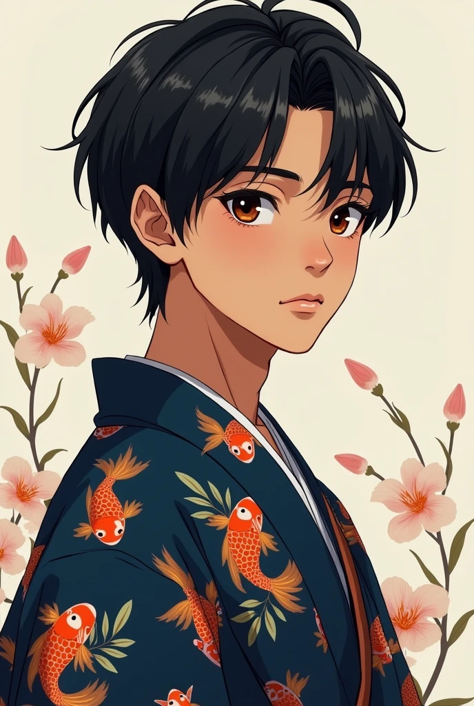 Male character Teenager with brown skin, wearing dark blue kimono with goldfish print, with black hair back, dark brown eyes, anime styling
