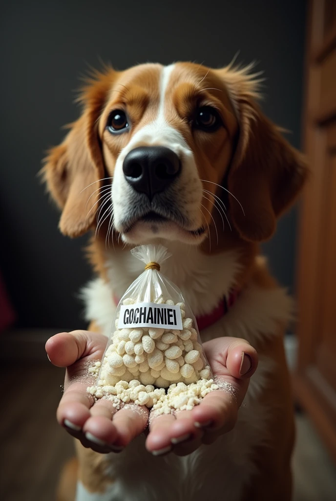 POV a dog begs you for the bag of cocaine you have in your hands
