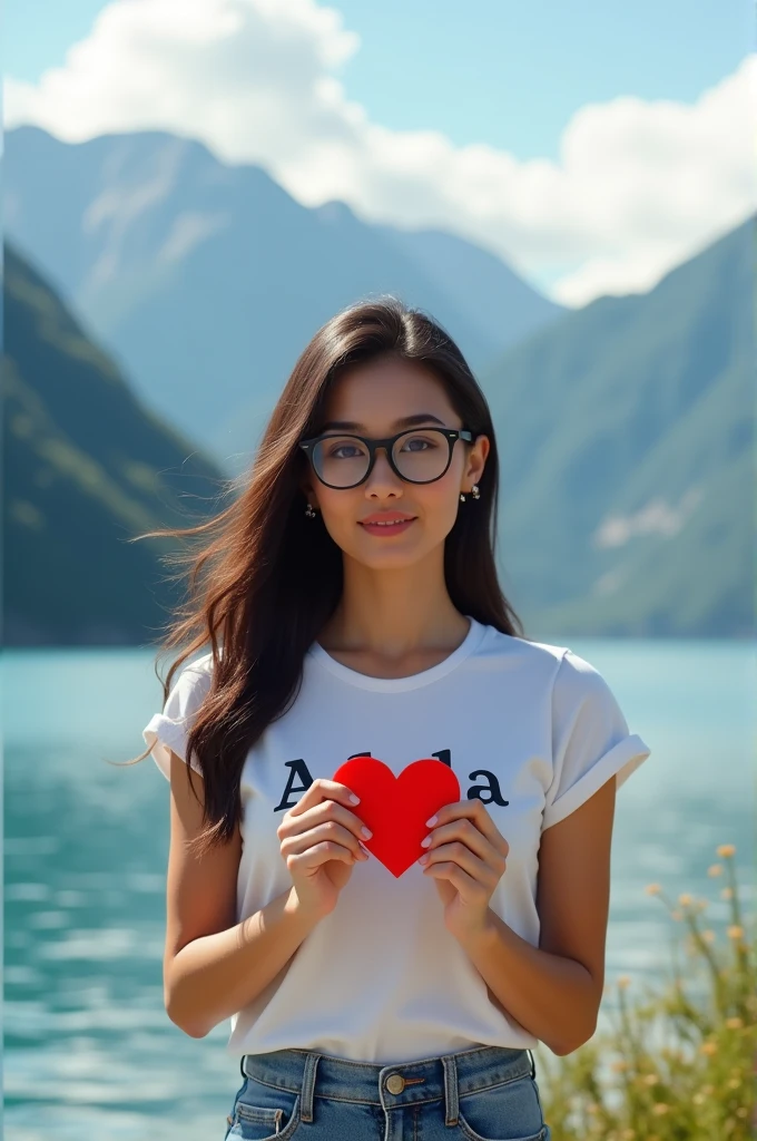 Here’s a detailed prompt you can use:

"A scenic image featuring a gorgeous girl standing with mountains in the background and a serene sea in the foreground. The sky is adorned with fluffy, beautiful clouds. The girl is wearing a perfectly done makeup and stylish black glassesand looking like gorgeous with stylish open hain.she is very beautiful ❤️ She is dressed in a white T-shirt with 'Adeela' written on it. In her hands, she is holding a red heart ❤️ in a stylish and elegant manner. The overall scene should have a peaceful and beautiful vibe, with the girl appearing stunning and elegant."