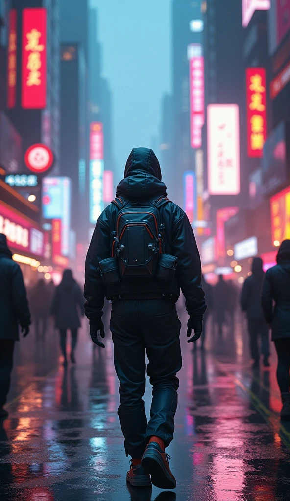 A cyberpunk city street scene with full of neon lights, and futuristic buildings, featuring a man from behind. The atmosphere is vibrant and bustling with people in high-tech attire, high resolution, captured in crisp detail, The background features a neon-lit cityscape, giving the cyberpunk atmosphere a touch of intimacy and tenderness, eye-level camera angle --s 500 --v 6.0 --no 3D effect, photorealistic.