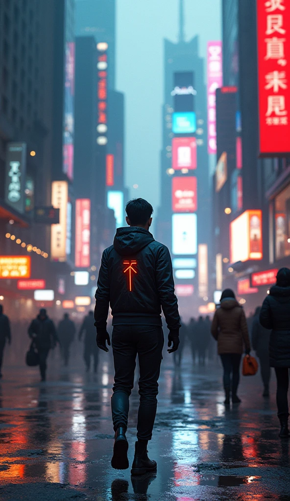 A cyberpunk city street scene with full of neon lights, and futuristic buildings, featuring a man from behind. The atmosphere is vibrant and bustling with people in high-tech attire, high resolution, captured in crisp detail, The background features a neon-lit cityscape, giving the cyberpunk atmosphere a touch of intimacy and tenderness, eye-level camera angle --s 500 --v 6.0 --no 3D effect, photorealistic.