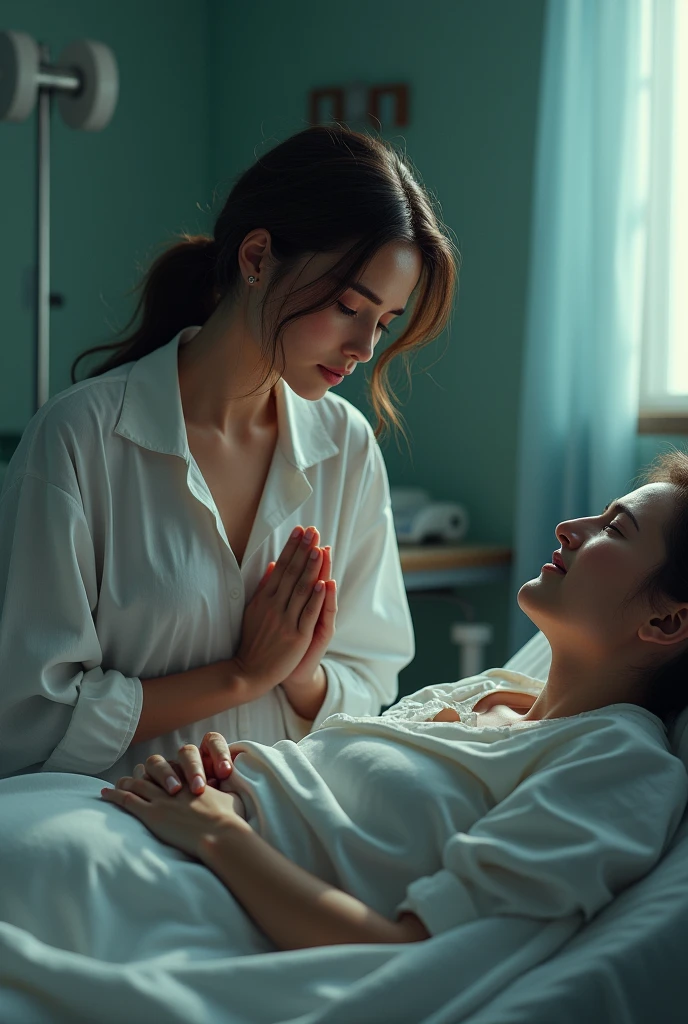 (photorealism:1.2), A young woman praying ((kneeling) next to a patient in a hospital ((crying))