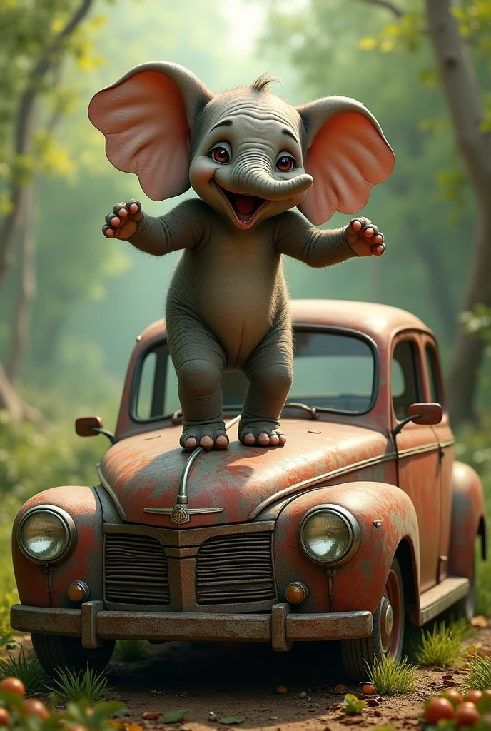 Baby elephant dancing on the car