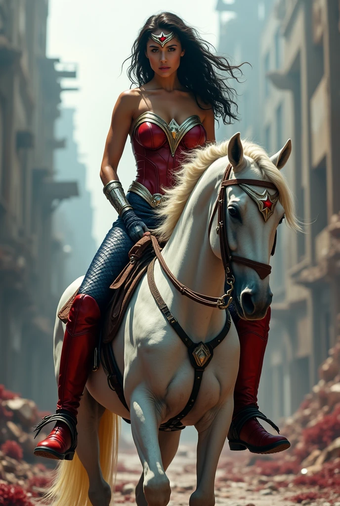 A beautiful woman Adriana Lima under the mantle of the Amazon warrior Wonder Woman red corset and navy blue pants with scales diaema in silver metal with a red star on her forehead long red boots up to her knees is a beautiful woman (((((is on a white horse with black))))) through the streets of an apocalyptic and bloody city images from the side