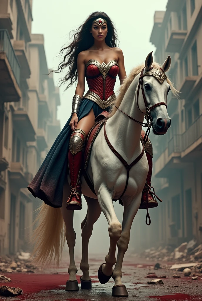 A beautiful woman Adriana Lima under the mantle of the Amazon warrior Wonder Woman red corset and navy blue pants with scales diaema in silver metal with a red star on her forehead long red boots up to her knees is a beautiful woman (((((is on a white horse with black))))) through the streets of an apocalyptic and bloody city images from the side