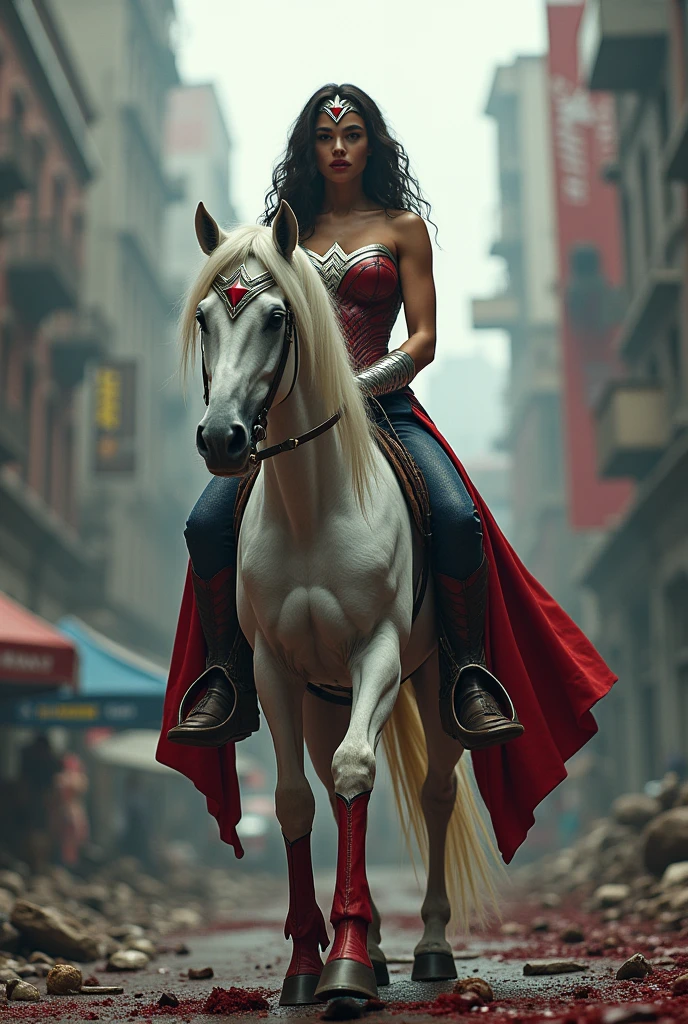 A beautiful woman Adriana Lima under the mantle of the Amazon warrior Wonder Woman red corset and navy blue pants with scales diaema in silver metal with a red star on her forehead long red boots up to her knees is a beautiful woman (((((is on a white horse with black))))) through the streets of an apocalyptic and bloody city images from the side