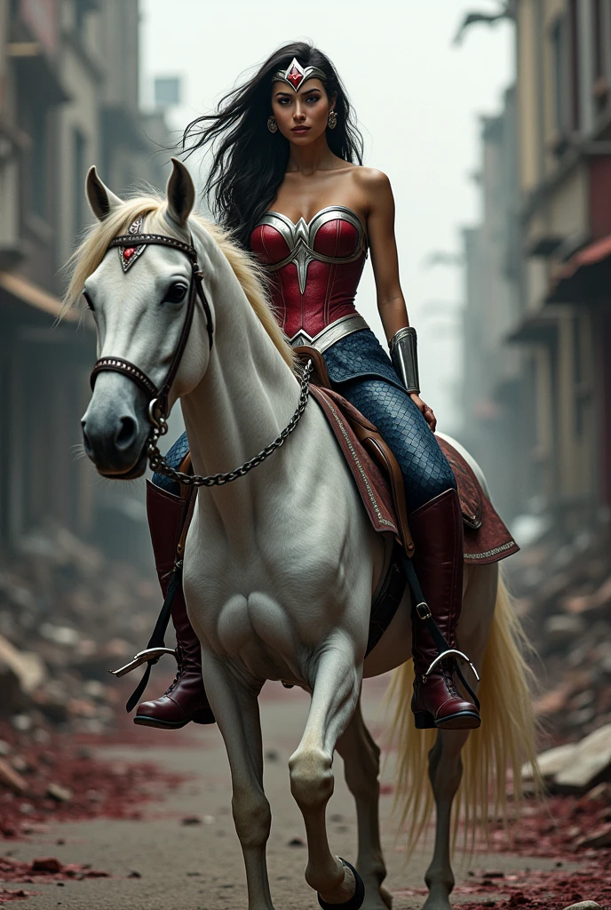 A beautiful woman Adriana Lima under the mantle of the Amazon warrior Wonder Woman red corset and navy blue pants with scales diaema in silver metal with a red star on her forehead long red boots up to her knees is a beautiful woman (((((is on a white horse with black))))) through the streets of an apocalyptic and bloody city images from the side