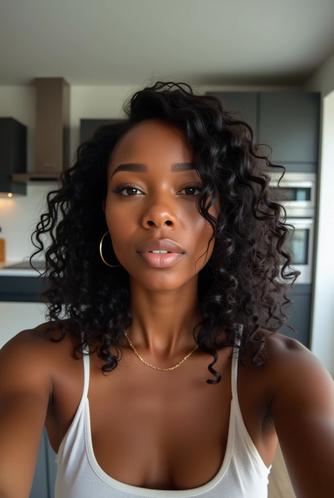there is a black woman , the woman has curly black curly, she has brown skin, with dark brownish skin, with long curly, long black wet bouncy curls she is taking a long shot selfie in her modern kitchen