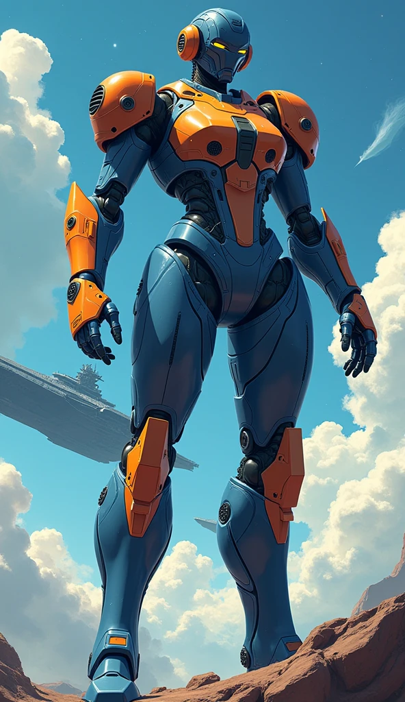 Anime Style, Giant Robot, A full body image of a Marvel-esque indigo and orange female super robot　universe, Battleship,