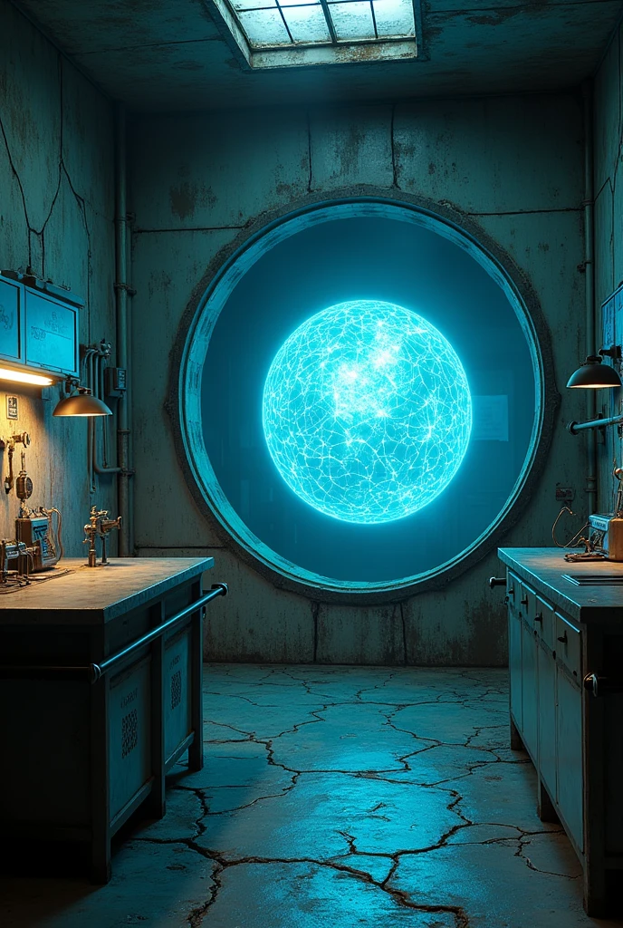 A laboratory with cracked walls and a room with a glass window with a semi-round object cracked in metal color and pulsating blue energy.