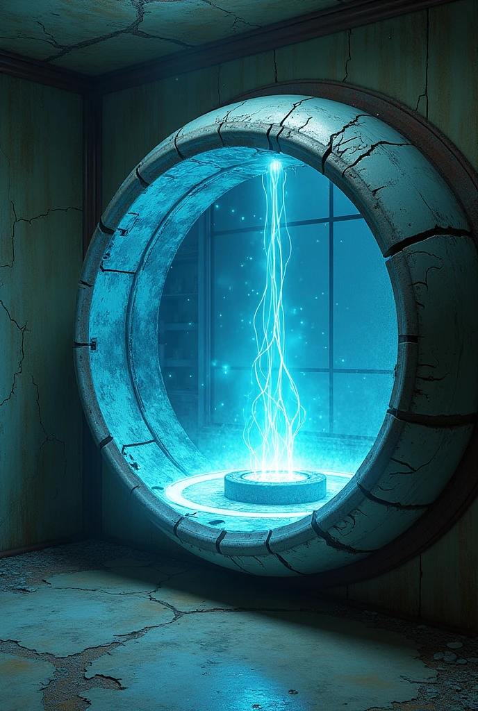 A laboratory with cracked walls and a room with a glass window with a semi-round object cracked in metal color and pulsating blue energy.
