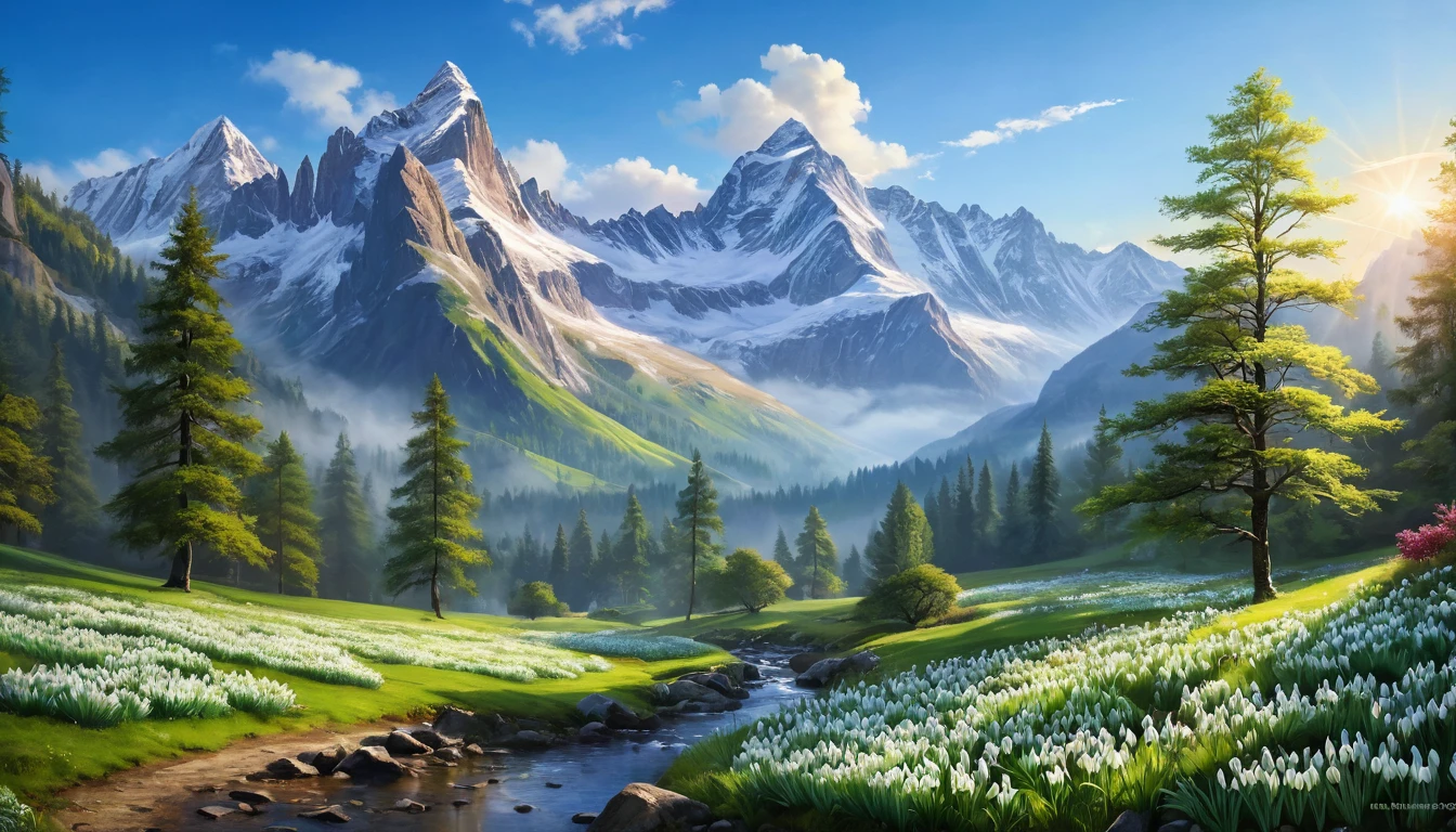 (masterpiece:1.2,best quality,realistic) majestic mountains, (beautiful view, vibrant colors), (snow-capped peaks), (lush greenery), (refreshing spring morning), (soft mist in the valleys), (blooming snowdrops), (peaceful atmosphere), (serene and calm), (crisp and clean air), (tranquility and serenity), (birds chirping), (clear blue sky), (gentle breeze), (sunlight filtering through the trees), (dramatic lighting), (impressive scale), (stunning landscapes), (captivating beauty), (awe-inspiring vistas), (sheer grandeur), (majestic mountain range), (imposing presence), (harmony with nature), (stunning details), (immersive experience), (deep sense of peace), (sense of wonder), (timeless beauty), (ethereal ambiance), (unforgettable sight), (mind-blowing panorama), (scenic beauty), (breathtaking view), (emotional connection), (artistic craftsmanship), (exquisite attention to detail), (impressive realism), (masterful brushstrokes), (meticulous composition), (unparalleled artistry), (immersive atmosphere), (visual feast for the eyes).