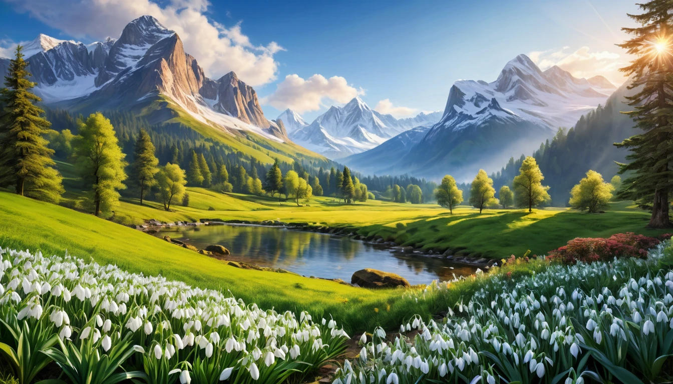 (masterpiece:1.2,best quality,realistic) majestic mountains, (beautiful view, vibrant colors), (snow-capped peaks), (lush greenery), (refreshing spring morning), (soft mist in the valleys), (blooming snowdrops), (peaceful atmosphere), (serene and calm), (crisp and clean air), (tranquility and serenity), (birds chirping), (clear blue sky), (gentle breeze), (sunlight filtering through the trees), (dramatic lighting), (impressive scale), (stunning landscapes), (captivating beauty), (awe-inspiring vistas), (sheer grandeur), (majestic mountain range), (imposing presence), (harmony with nature), (stunning details), (immersive experience), (deep sense of peace), (sense of wonder), (timeless beauty), (ethereal ambiance), (unforgettable sight), (mind-blowing panorama), (scenic beauty), (breathtaking view), (emotional connection), (artistic craftsmanship), (exquisite attention to detail), (impressive realism), (masterful brushstrokes), (meticulous composition), (unparalleled artistry), (immersive atmosphere), (visual feast for the eyes).