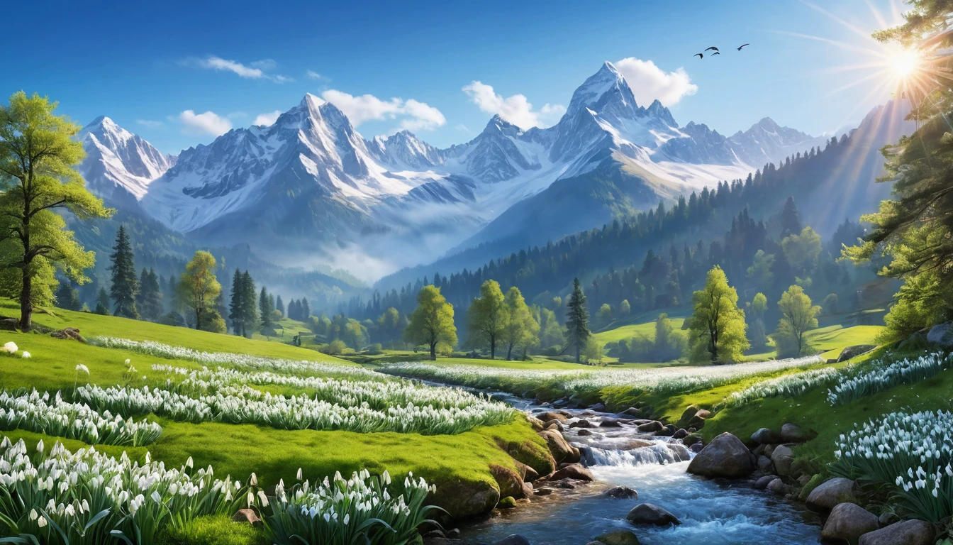 (masterpiece:1.2,best quality,realistic) majestic mountains, (beautiful view, vibrant colors), (snow-capped peaks), (lush greenery), (refreshing spring morning), (soft mist in the valleys), (blooming snowdrops), (peaceful atmosphere), (serene and calm), (crisp and clean air), (tranquility and serenity), (birds chirping), (clear blue sky), (gentle breeze), (sunlight filtering through the trees), (dramatic lighting), (impressive scale), (stunning landscapes), (captivating beauty), (awe-inspiring vistas), (sheer grandeur), (majestic mountain range), (imposing presence), (harmony with nature), (stunning details), (immersive experience), (deep sense of peace), (sense of wonder), (timeless beauty), (ethereal ambiance), (unforgettable sight), (mind-blowing panorama), (scenic beauty), (breathtaking view), (emotional connection), (artistic craftsmanship), (exquisite attention to detail), (impressive realism), (masterful brushstrokes), (meticulous composition), (unparalleled artistry), (immersive atmosphere), (visual feast for the eyes).