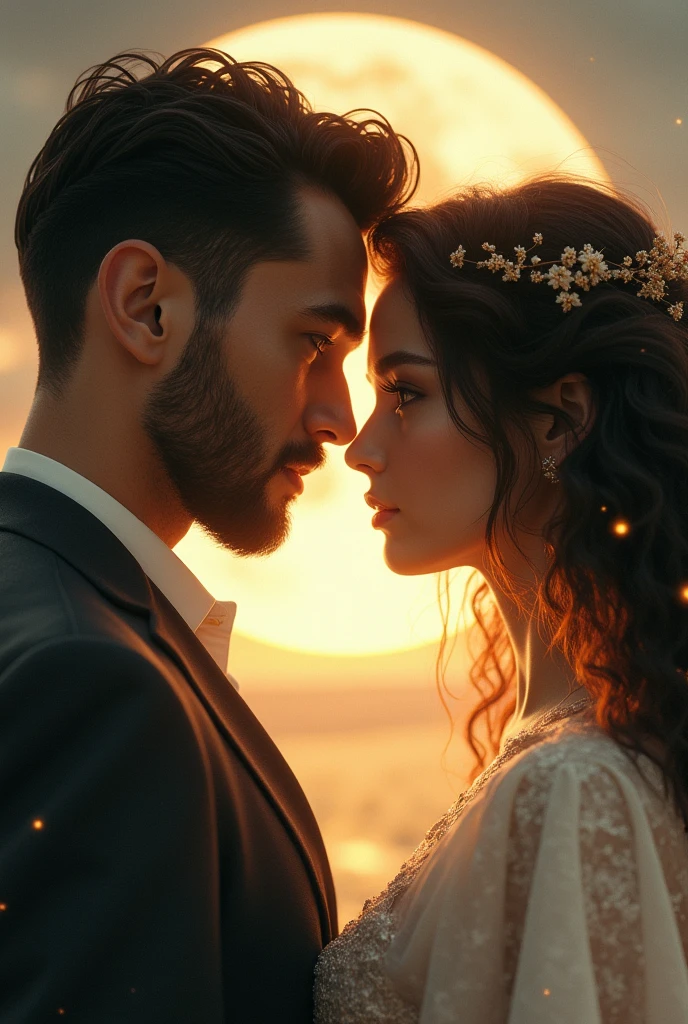 create couple image, being the man with black hair and shaved beard, brown eyes and the woman with curly brown hair and brown eyes, the two represented by the sun and the moon, the man being the moon and the woman the sun