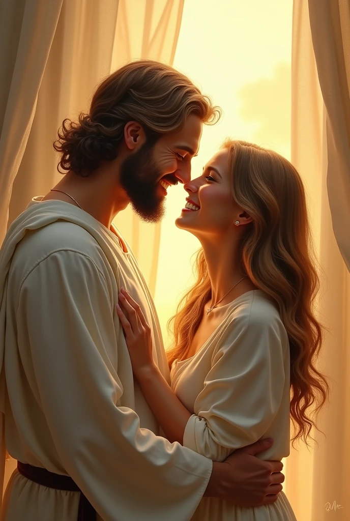A husband and wife, deeply in love, share a joyful moment together as they watch Jesus. Their happiness is reflected in their smiles, and Jesus, in turn, smiles back at them.