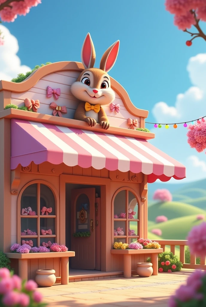 Create a business painted in pastel colors that looks complete and beautiful, Pixar style, selling bows with the name SINAIHM BOWS