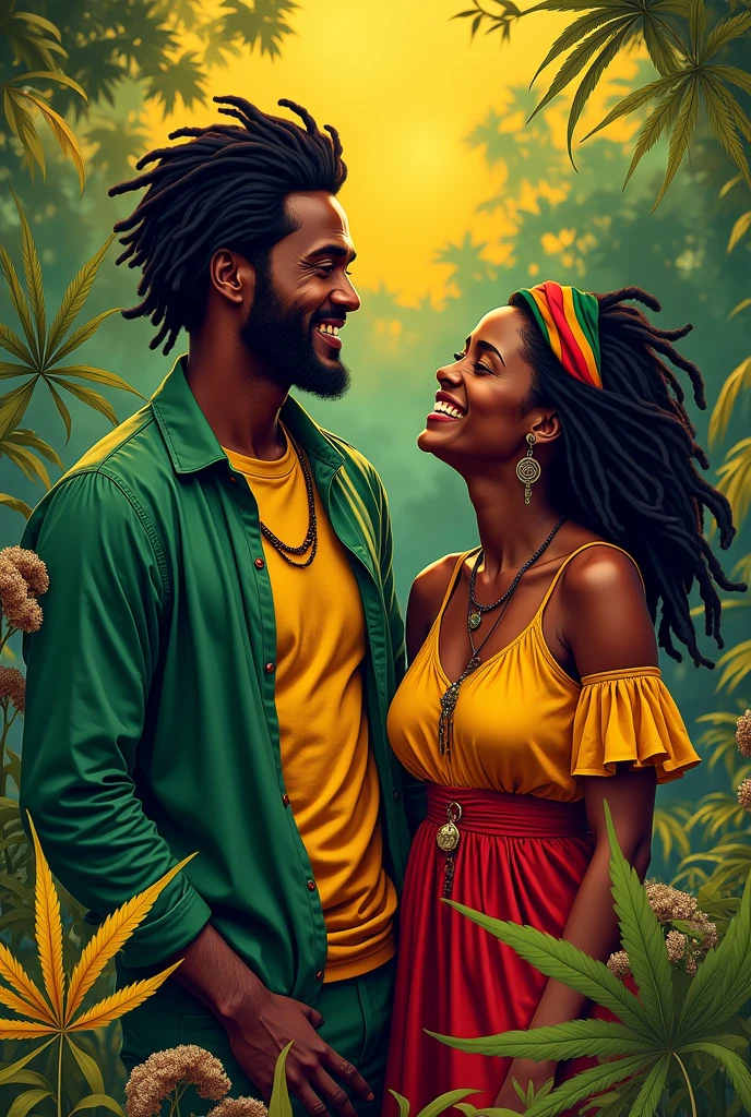 Create an image with Reggae symbols and colors: Unripe, yellow, rot, forst, a black man and a black woman