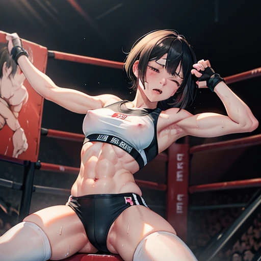 a japanese female fighter is beated down in the octagon fighting ring of underground arena with audience. A bloodied and bruised female fighter sits with her legs spread. She is cornered against the cage of octagon and has a lot of punches from the male fighter. she has lost. she has no will to fight. she has big pain. she is crying. she is damaged terribry. Short-cut black hair, out of breath, drooling from mouth, one eye is closed, exhausted, drenched in sweat. Erect nipples, open finger glove, Whittled waistline, muscular, six-pack abs, Ragged white and pink lined sports bra, high leg panty, Stockings. armwarmers.