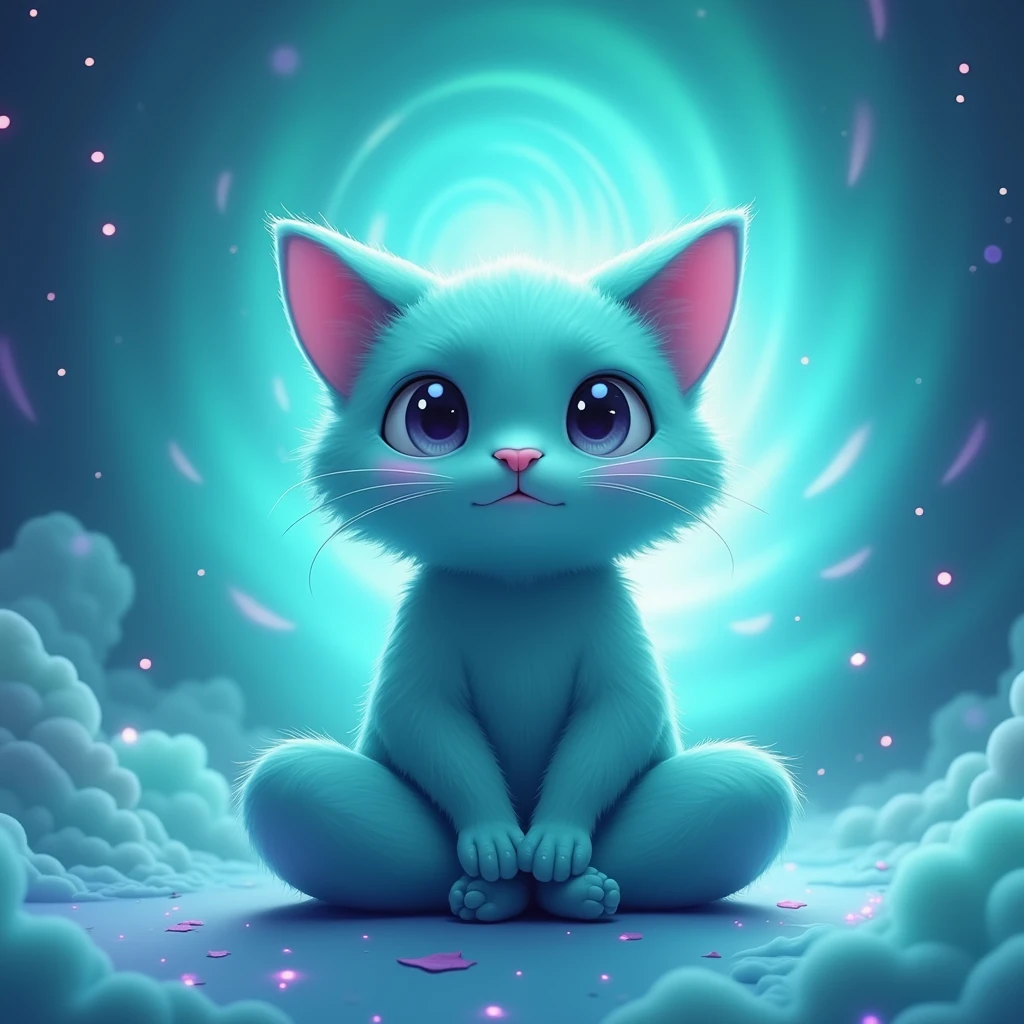 High quality super cute turquoise cat turquoise space background with purple, meditating cat em posição de lotus, meditating cat