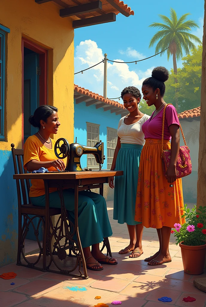 Draw an intense and realistic scene inside a favela shack, where a 78-year-old woman, with wrinkled brown skin, is sitting next to a middle-aged woman, also dark-skinned, around 32 years old. Both are dressed in simple clothes, and the tension is palpable on their faces marked by difficult lives. In the center of the scene, a 28-year-old black woman holds a child wrapped in worn cloths in her arms, while the atmosphere around her suggests daily struggles. The protagonist, a 28-year-old black woman, stands out in the scene wearing a white tank top and jeans, her gaze revealing a mix of resilience and concern. The environment should reflect simplicity and poverty, with worn-out furniture, an improvised table and some antique chairs, creating a scene rich in emotion and tension, Art painted by Terese Nielsen, her husband Cliff Nielsen and Chris Moeller