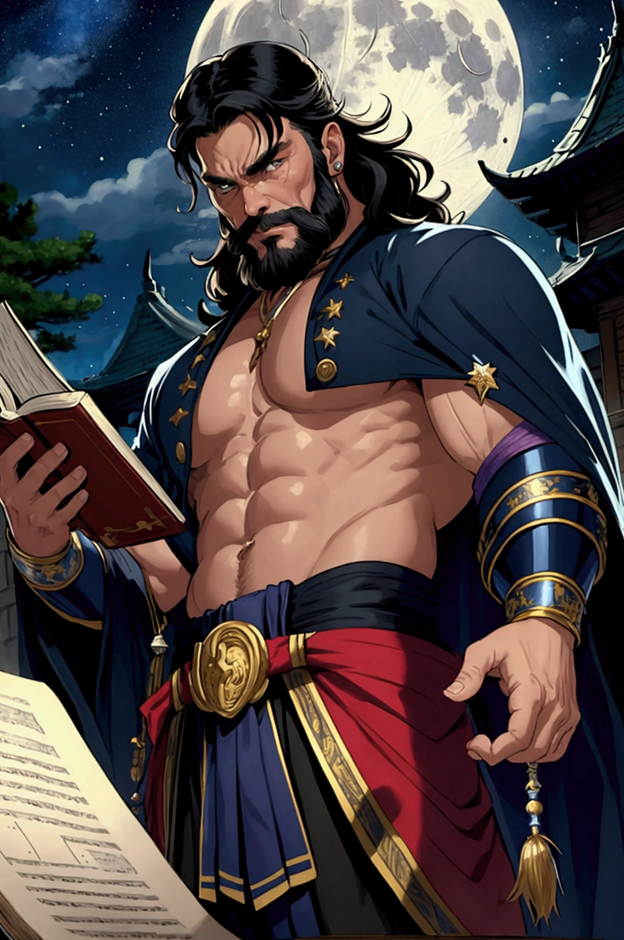 Macho man looking for a book、Shaved head、full moon、starry skies、library、Wizard、Magic School、Fantasy