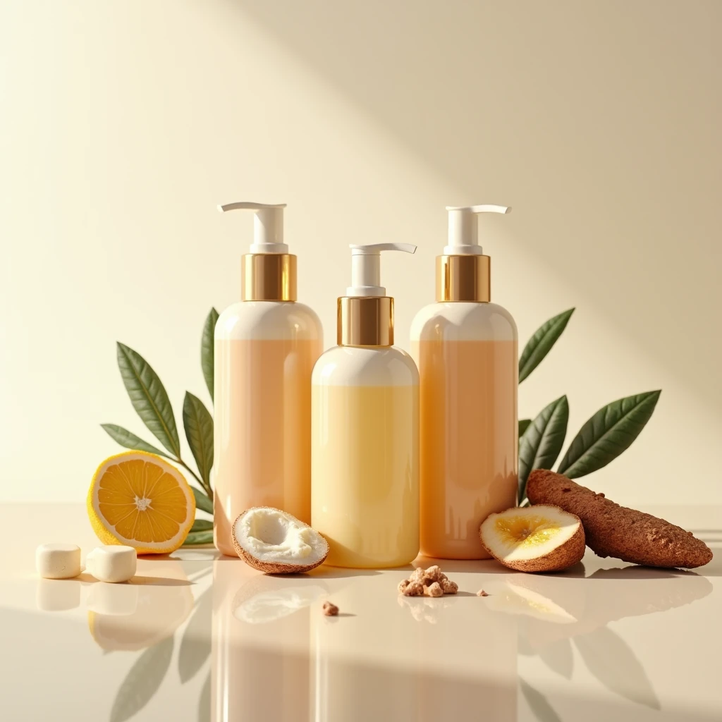 Main ingredient bottles (argan oil, of panthenol, cupuaçu butter) elegantly arranged, highlighting its textures and purity.