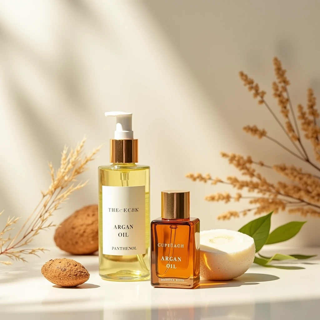 Main ingredient bottles (argan oil, of panthenol, cupuaçu butter) elegantly arranged, highlighting its textures and purity.