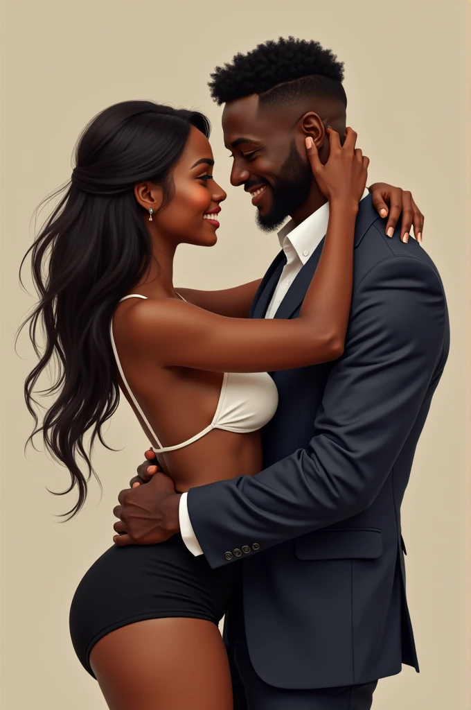 A beautiful African woman with long straight hair wearing a black bum short revealing her hips and a white shirt happily hugging her handsome African husband who is wearing a suit looking tired but still smiling happily