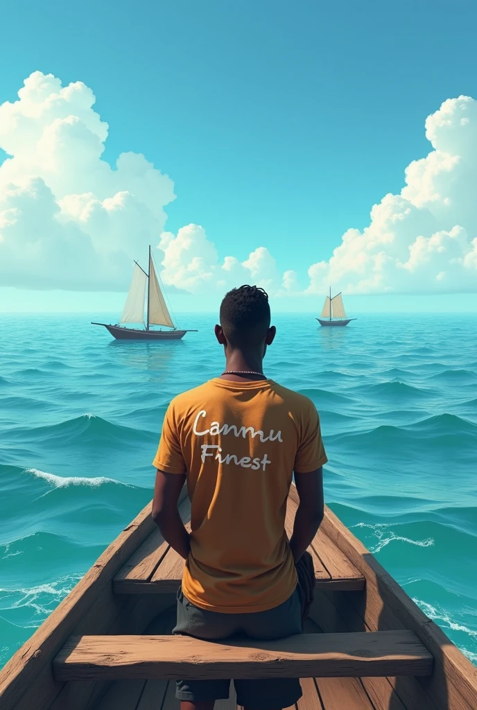I want to create a fishing boat on the sea and the sailor should be wearing a t-shirt named LAMU FINEST on the back with an African brown appearance