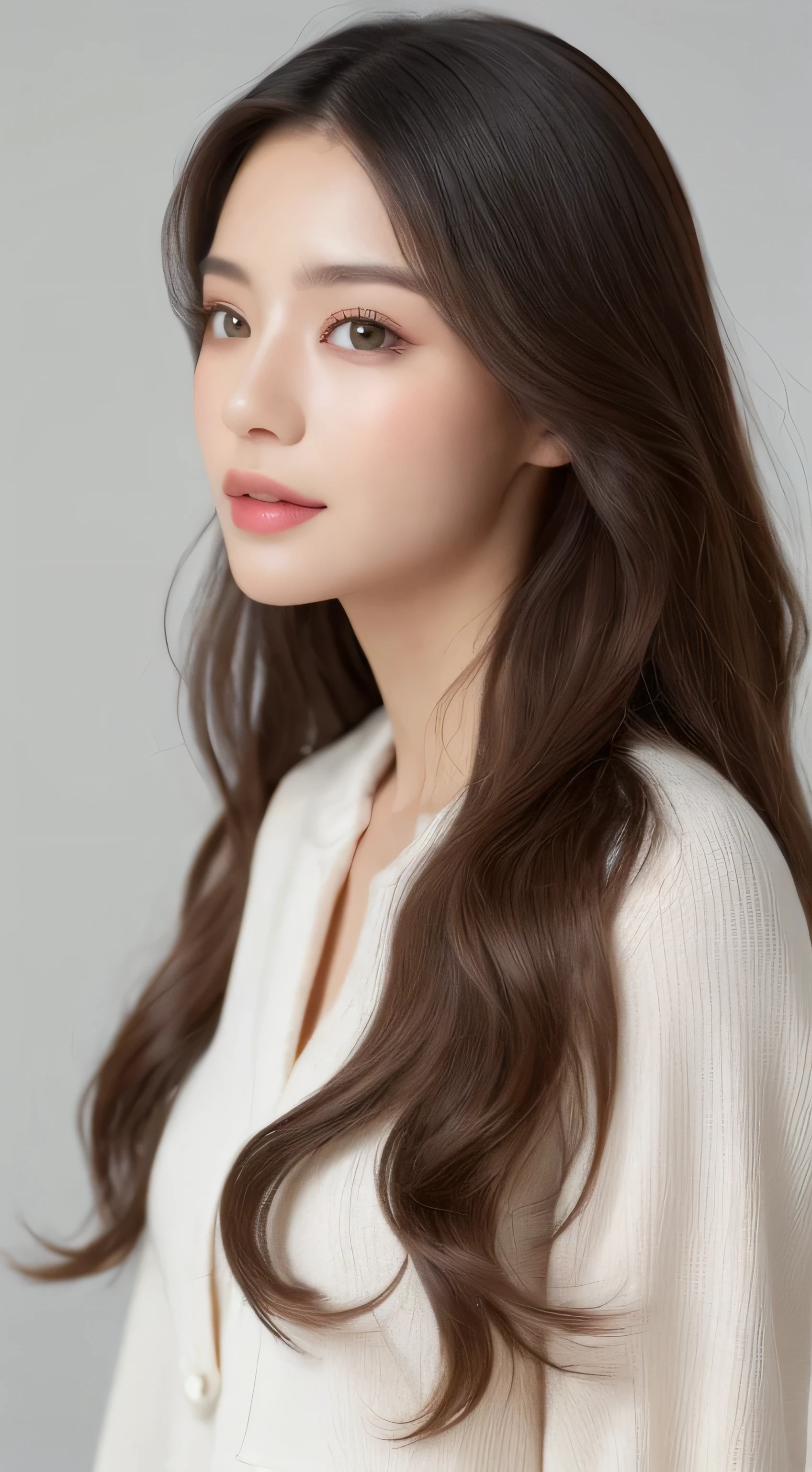 ((realistic light、Highest quality、8ก、Masterpiece:1.3))、Focus clearly:1.2、1 girl comes in、Unsurpassed beauty:1.4、、Neat and clean clothes、One piece of clothing、The most delightful face、Narrow eyes、Double eyelids、Gives light like a movie、photorealistic photo、2、Looks like a K-pop idol、white background、gray background、mature woman、Classy makeup、Angle of Pull、long hair、Long Hair、long hair、straight hair、Korean people、hair curler
