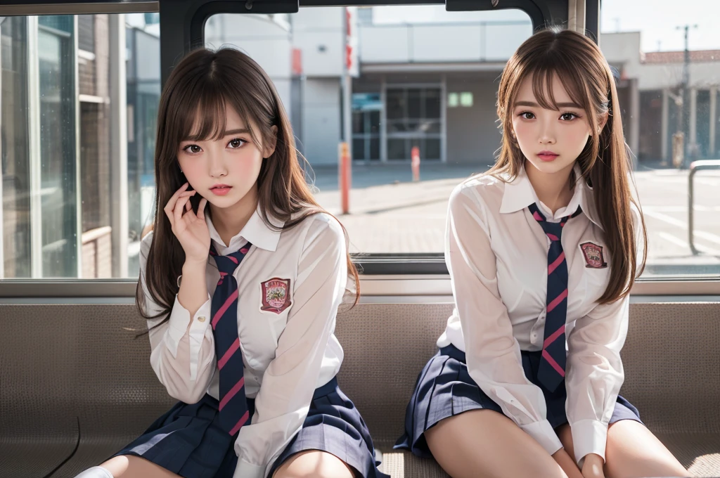 (Showing :1.2), (Professional Portrait, Realistic and perfectly shaped subjects:1.3), (masterpiece, Highest quality:1.2), (Realistic, Ultra-realistic, Realistic:1.3), (ultra High resolution), High resolution, Intricate details, Very detailed, (Extremely detailed CG, unity 8k wallpaper:1.3), Clear images,
break
(One of the Japan, ), (cute, Slim figure), (Perfect Anatomy, Correct limbs:1.2), (Perfect hands), Perfect Arms, Beautiful and delicate down to the last detail, Beautiful and delicate eyes and eye highlights, (Very thin and delicate、Not too long eyelashes), (Captivating eyes, Beautifully detailed eyes and face), light makeup, Pink Lip, Lip gloss, Stylish face, (Glowing Skin, Realistic skin detail), Brown Hair, Plump breasts
((school uniform)), (high school girl), (Black socks), shirt open
break
Sitting in the train station, (Cowboy Shot), break
(((blush:1.4))), ((Embarrassing:1.4)), (((shy:1.5)))
break
from below
break