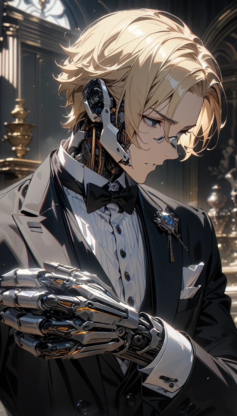 adult guy, short blonde hair, black eyes, butler, cyborg hands, Masterpiece, best quality, Full HD, 8k, ultra details, great graphic