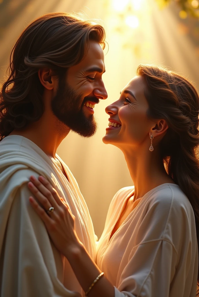 A husband and wife, deeply in love, share a joyful moment together as they watch Jesus. Their happiness is reflected in their smiles, and Jesus, in turn, smiles back at them.