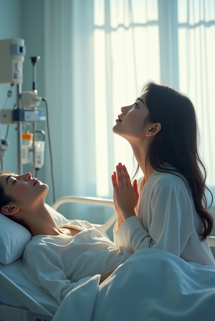 (photorealism:1.2), A young woman praying ((kneeling) next to a patient in a hospital and looking at the sky