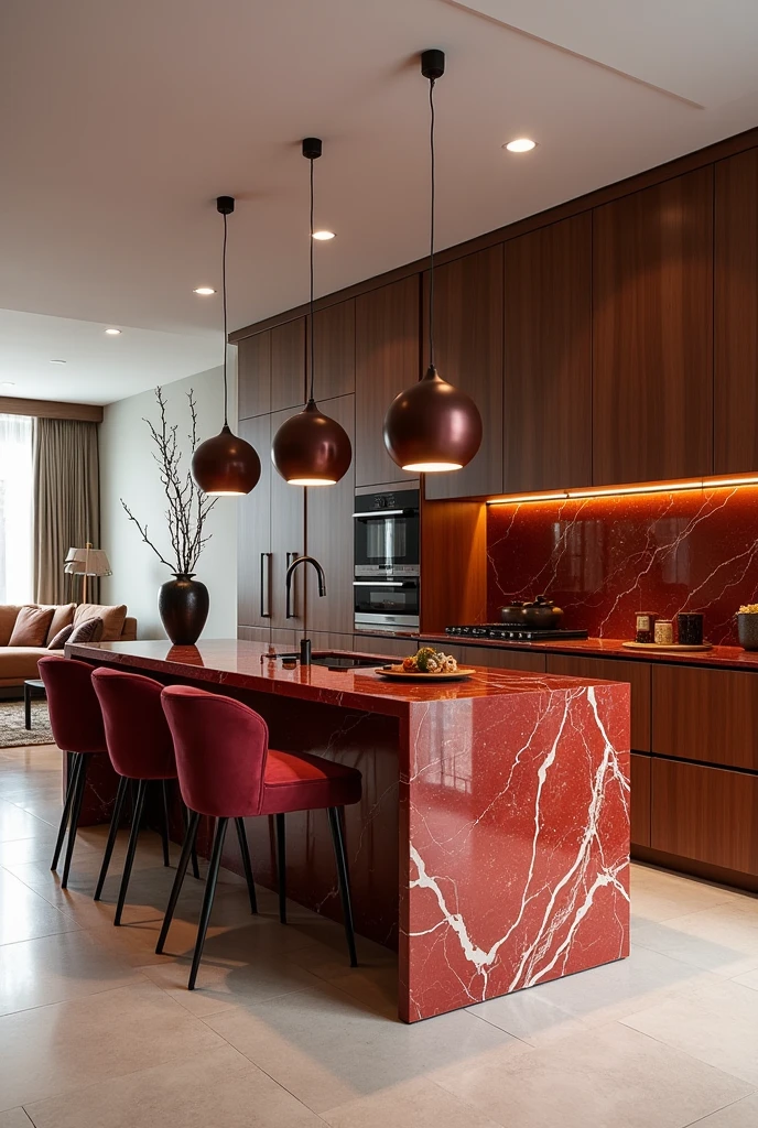 Professional 3d architecture rendering design of modern kitchen with light and dark wooden and velvet modern chairs shiny red marble island island