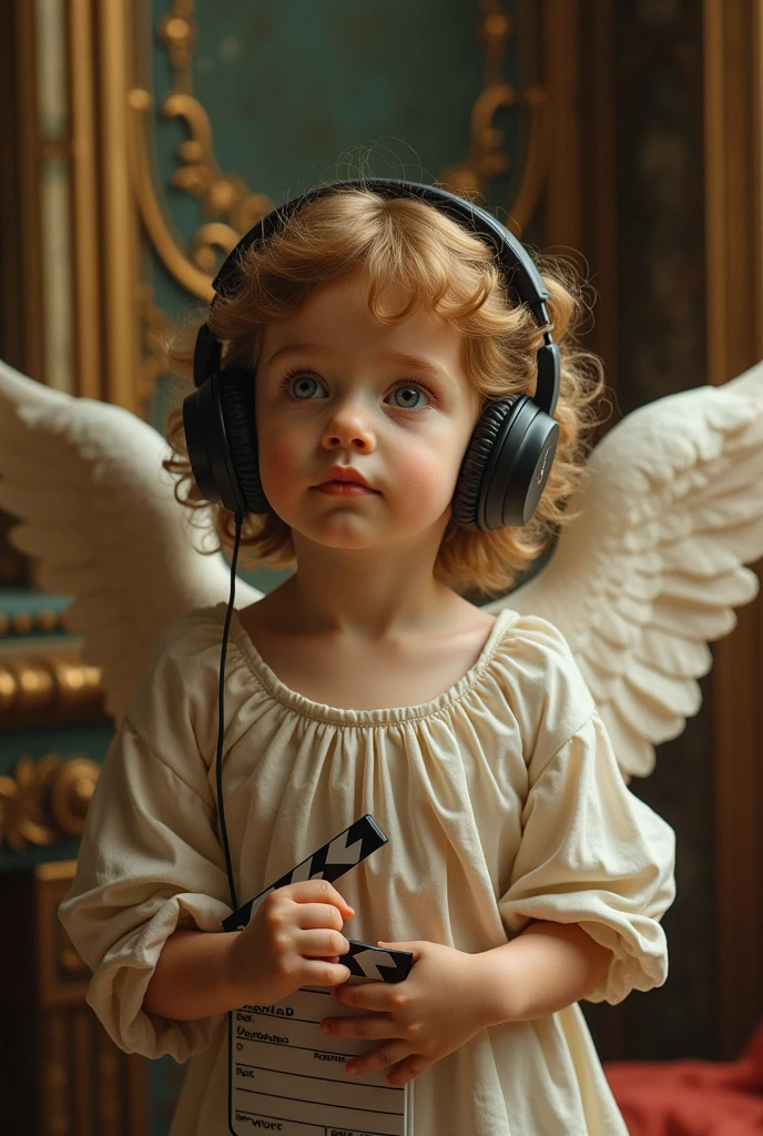 Angelito, how from a renaissance painting.
This little angel is listening to music with headphones and has a clapperboard