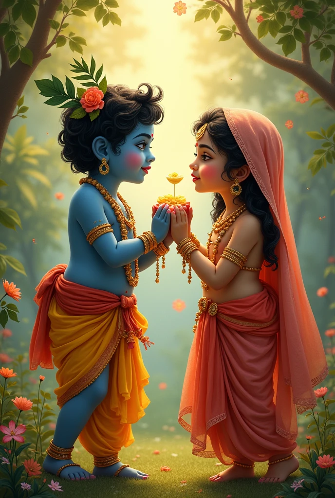 God samll krisha and radhe while eating makhan