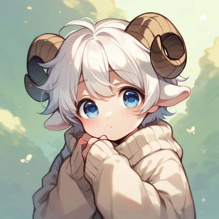 Cute sheep boy white hair blue eyes sweater freckles boy, Beige sweater, little sheep horns and ears, fluffy white hair, Cute White socks 