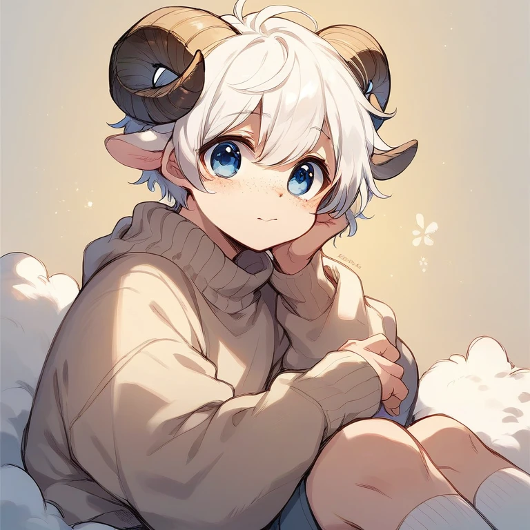 Cute sheep boy white hair blue eyes sweater freckles boy, Beige sweater, little sheep horns and ears, fluffy white hair, Cute White socks