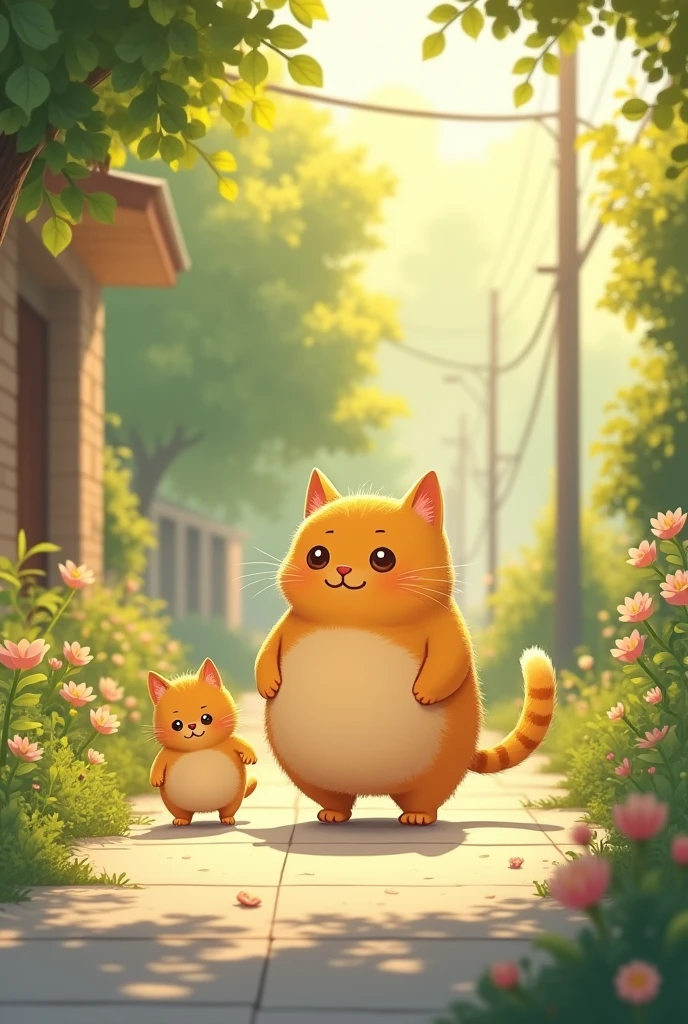 A yellow, chubby, pregnant cat walks on a sunny sidewalk with her small kitten. She looks content, while the kitten playfully follows her.