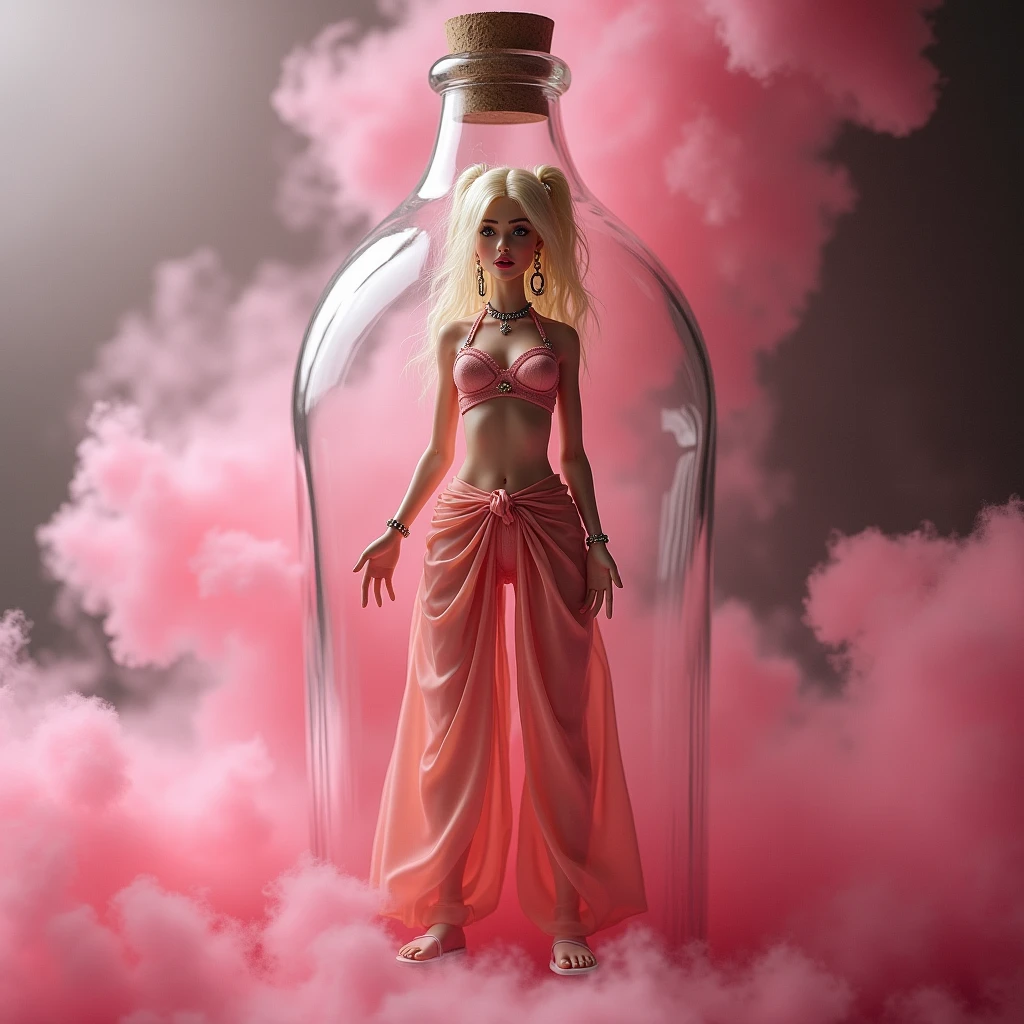 Very tiny miniaturized beautiful realistic very frightened helpless young Barbara Eden is barefoot on a silk pillow enveloped in thick swirling pink smoke and is imprisoned entirely inside a giant clear glass Arabian bottle begging to be freed, wearing an extremely tiny soft pink chiffon cropped top with very low hipped very very oversized transparent soft pink chiffon harem pants elastic gathered at the ankles and hips,  extremely long disheveled messy blonde hair with a sloppy extremely long ponytail, narrow shoulders, small breasts, aggressively arched back, bubble butt, full hips, sexy soft slightly rounded lower belly, proportionate average-length legs, compact build, perfect dainty narrow feet wearing tiny pink flat-soled closed-toe Arabian slippers with pointed tips, large eyes open very wide in terror, thick mascara, soft pink full pouting lips, hoop earrings, slave bands, several rings on various fingers, accurate anatomy, full body, djinnification