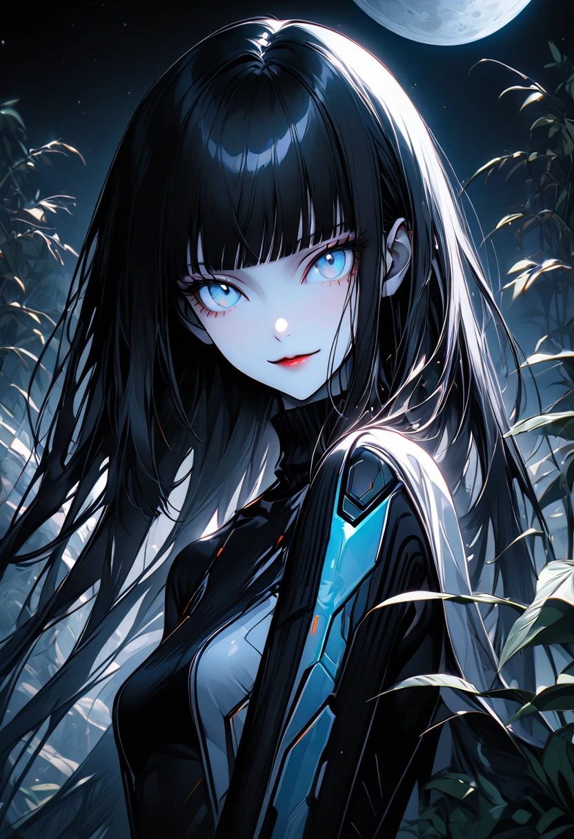 solo, female, long straight black hair, straight bangs, hime cut, light blue eyes, slender, thin, very tall, black turtleneck, elegant space clothes, pale white skin, stylish clothes, medium breasts, view from the moon, plants, close up, dandere, futuristic, augmentations:0.1, small smile, holding hands with viewer