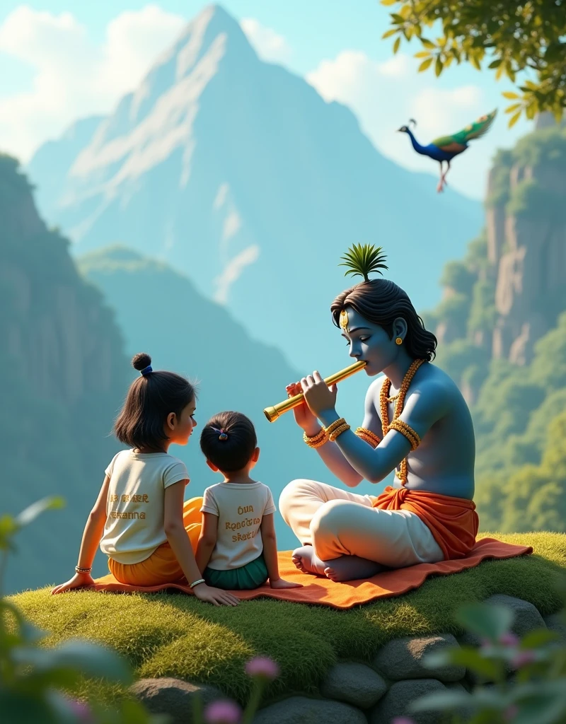 create a 3d image of 2 Indian Girl who is sitting next to krishna ji and Krishna ji playing the flute, they both sit together on the mountain, Girl wearing T-shirt Name "putli" written on it, make sure text shout be misspelled, heaven like beautiful view background, peacock dancing,realistic image and Girl is in barefoot.