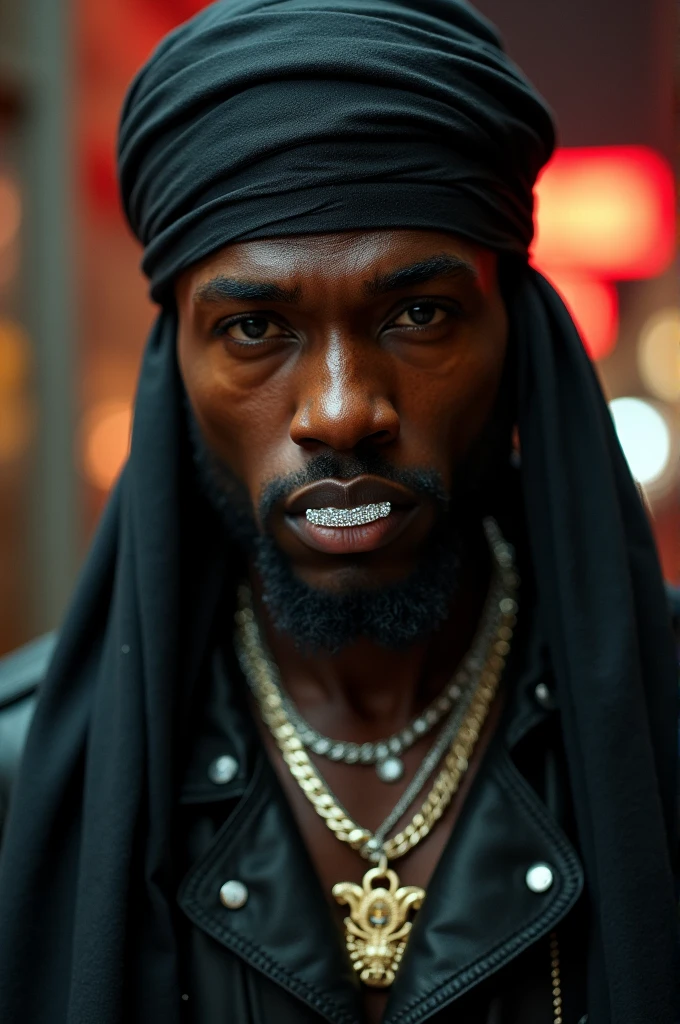 Aries man wearing a durag on his head and diamonds in his teeth