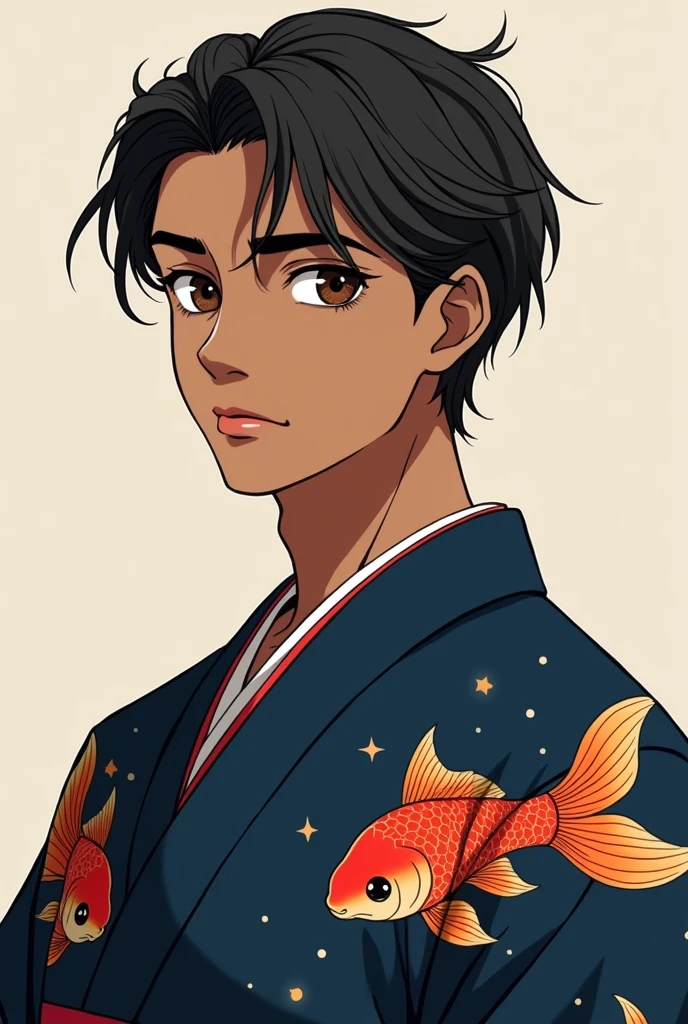 Male character Teenager with brown skin, wearing dark blue kimono with goldfish print, with your hair back, dark brown eyes, anime styling